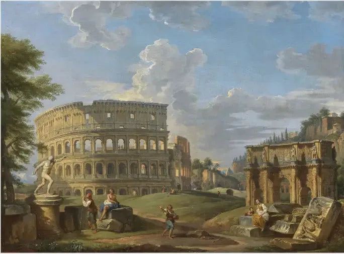 Paysage avec le Colisée et l'Arc de Constantin, Rome - Giovanni Paolo Panini image 1 copie de tableau peinte à la main
