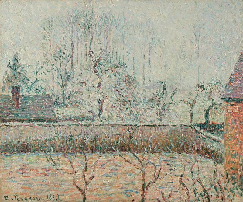 ทิวทัศน์พร้อมบ้านและกำแพง, หมอกและน้ำค้างแข็ง, Éragny - Camille Pissarro
