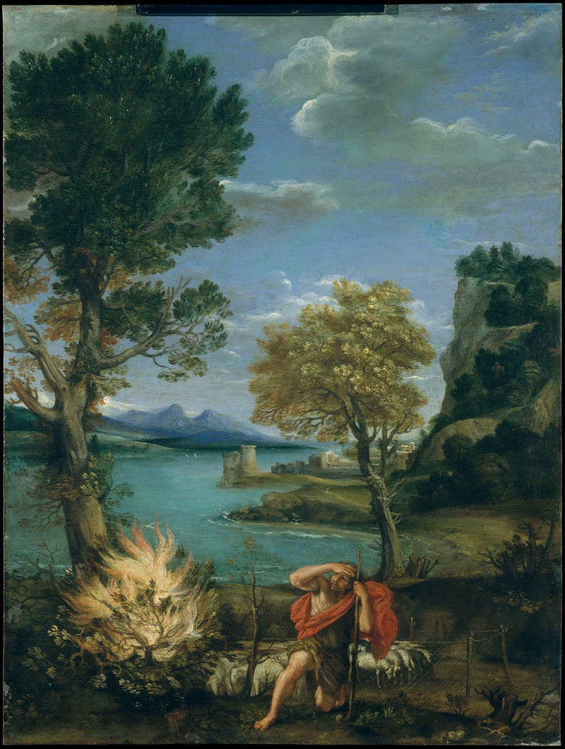 ทัศนียภาพพร้อมโมเสสและพุ่มไฟลุก - Domenichino