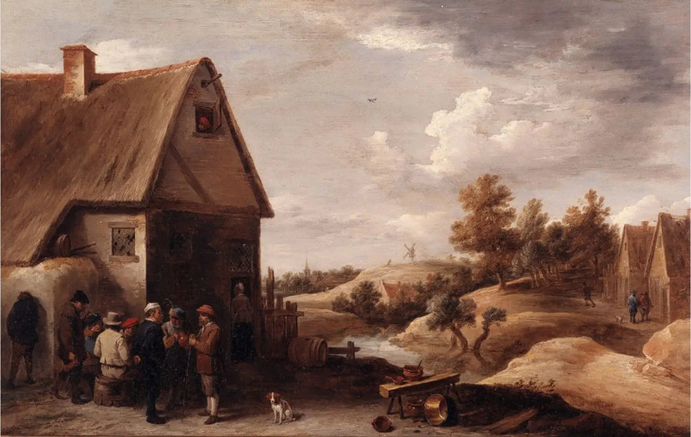 Paysage avec personnages devant une maison au toit de paille - David Teniers le Jeune image 1 reproduction artisanale de tableau