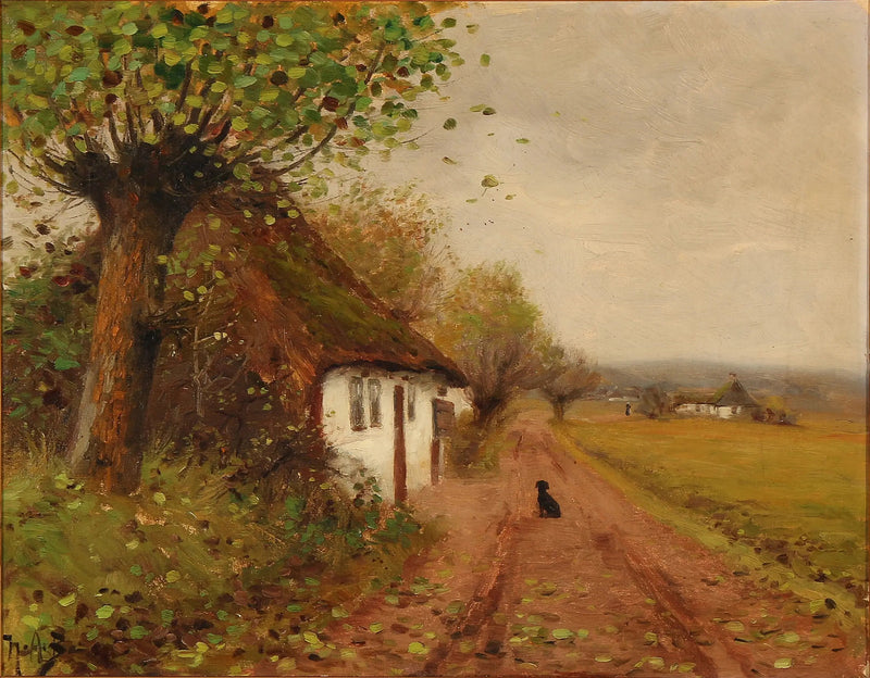 ทัศนียภาพพร้อมสุนัขรออยู่บนถนนชนบท - H. A. Brendekilde