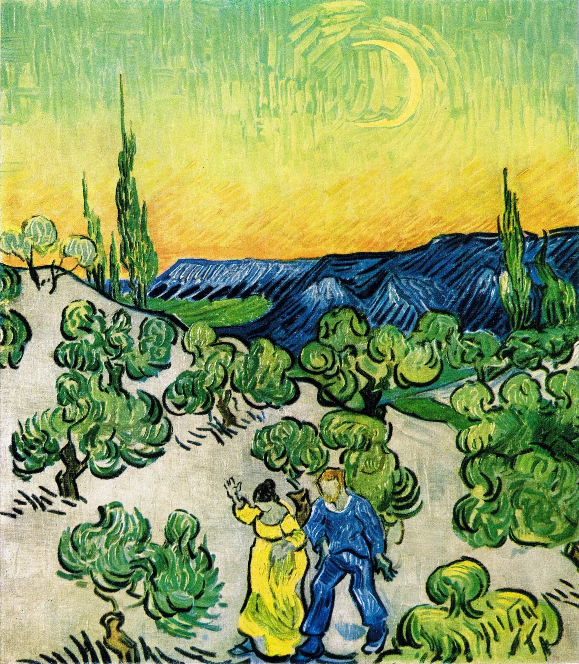 Paysage avec un couple de marche et un croissant de lune - Vincent van Gogh image 1 copie peinte à la main à l’huile