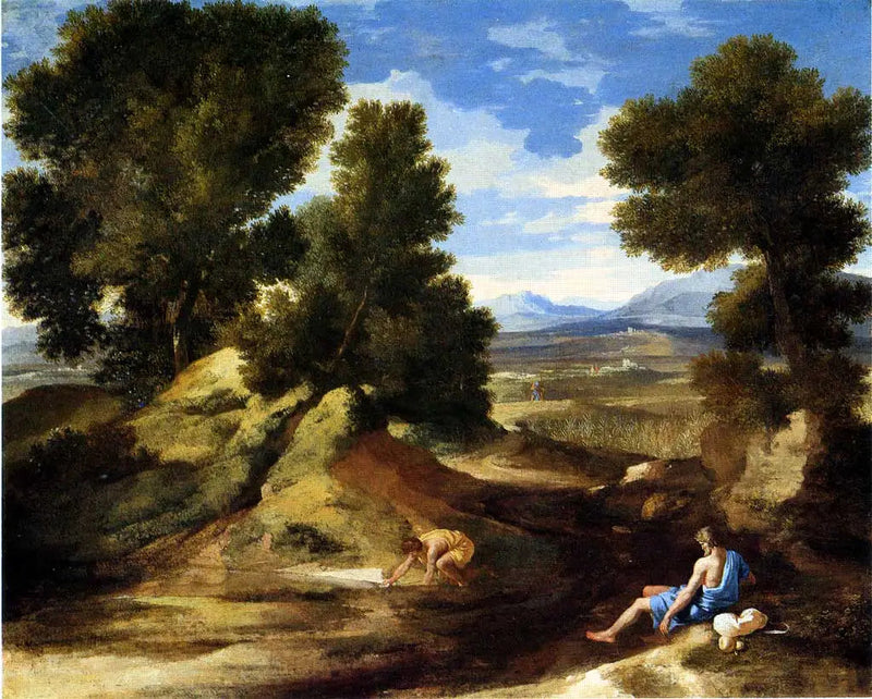 ทัศนียภาพพร้อมชายดื่มน้ำ - Nicolas Poussin