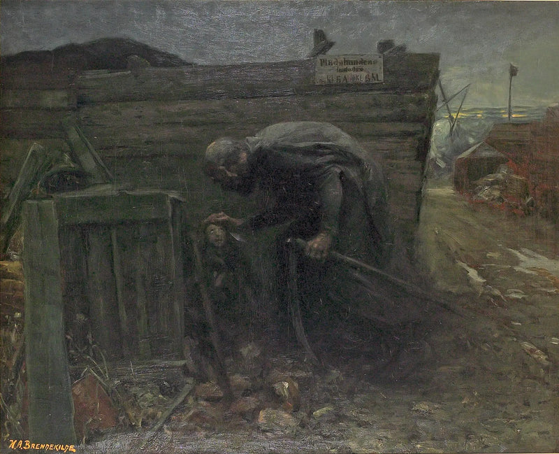 ทัศนียภาพกับเด็กหญิงยากจนในเวลากลางคืน - H. A. Brendekilde
