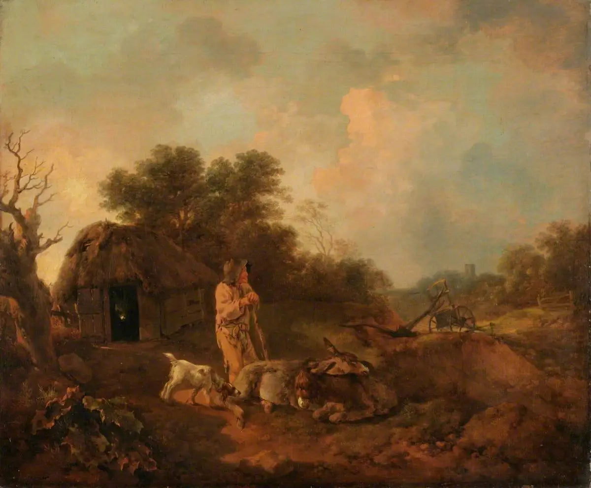 Paysage boisé avec un vieux paysan et des ânes à l'extérieur d'une grange, un soc de charrue et une église au loin - Thomas Gainsborough image 1 tableau peint à l’huile sur toile