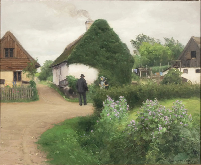 ทัศนียภาพของหมู่บ้านพร้อมผู้คนสนทนา - H. A. Brendekilde