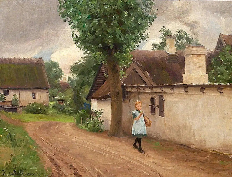ทัศนียภาพของหมู่บ้านพร้อมหญิงสาวในชุดเดรสสีน้ำเงิน - H. A. Brendekilde
