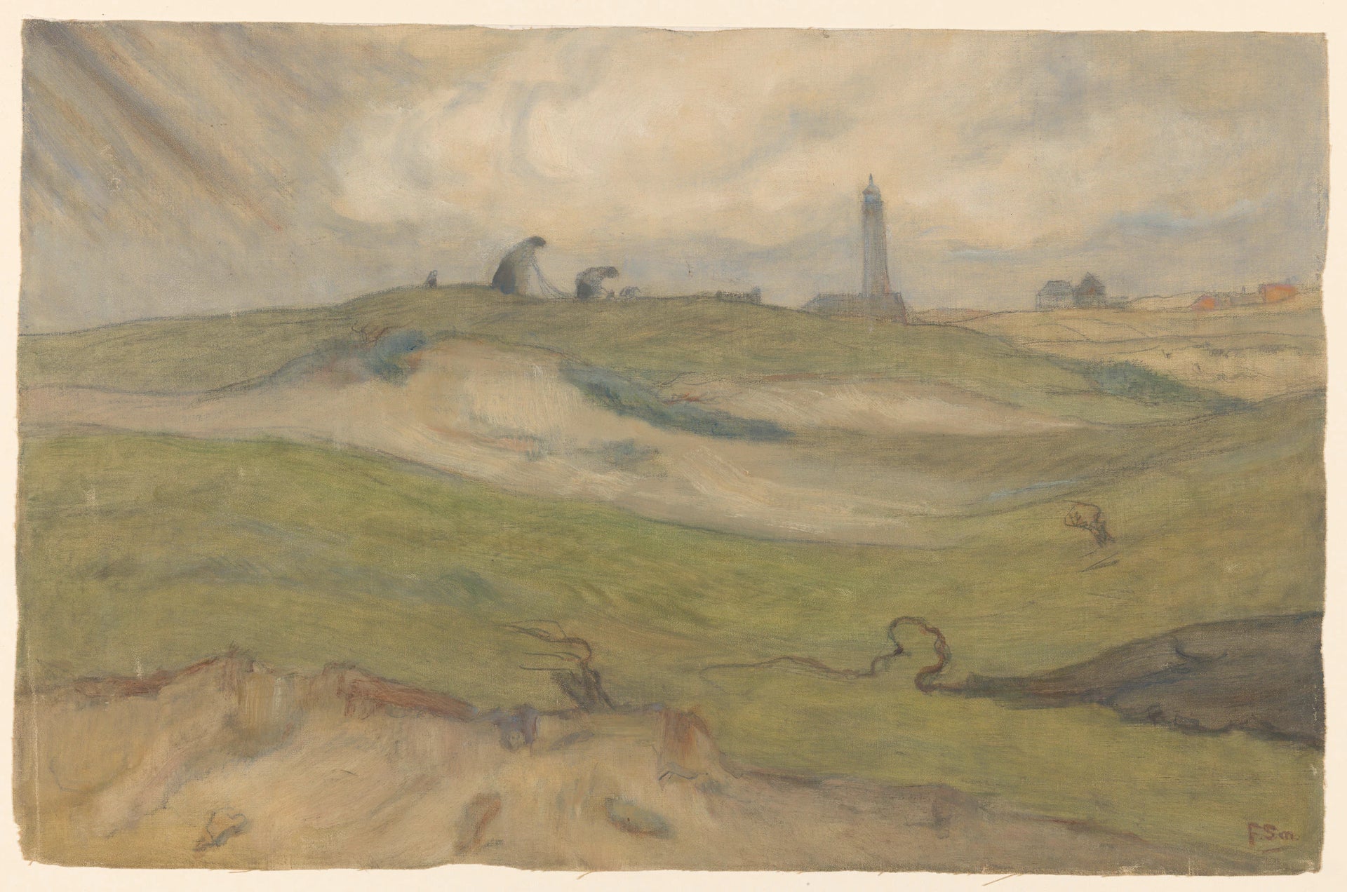 Paysage de dunes avec phare et hommes de filet - Frans Smissaert