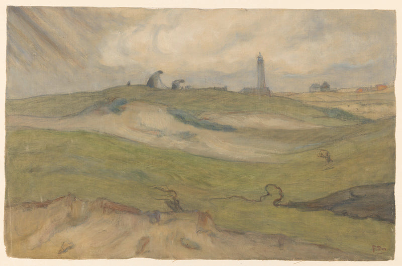Paysage de dunes avec phare et hommes de filet - Frans Smissaert
