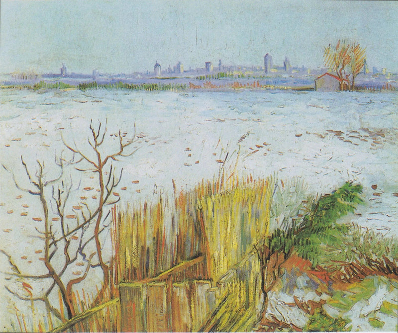ภูมิทัศน์หิมะปกคลุมพร้อมเมืองอาร์ลส์ในพื้นหลัง - Vincent van Gogh