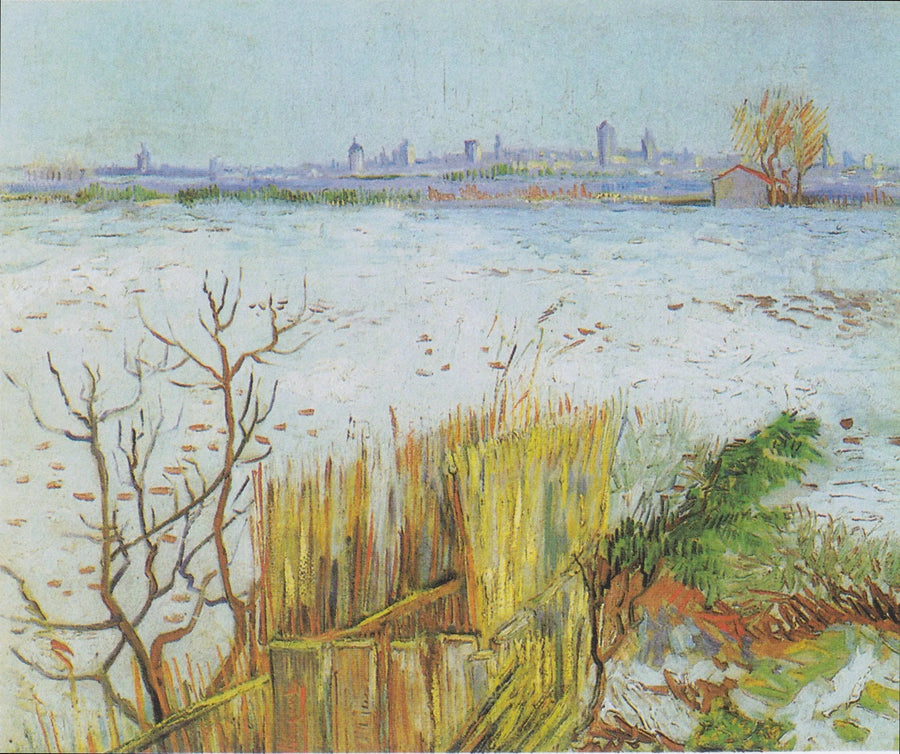 ภูมิทัศน์หิมะปกคลุมพร้อมเมืองอาร์ลส์ในพื้นหลัง - Vincent van Gogh