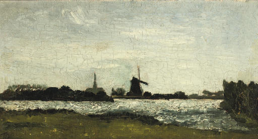 Paysage fluvial avec clocher et moulin - Theo van Doesburg image 1 reproduction de peinture à l’huile