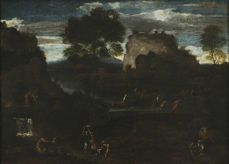 ทัศนียภาพแม่น้ำพร้อมชาวประมงและแม่บ้านซักผ้า - Domenichino