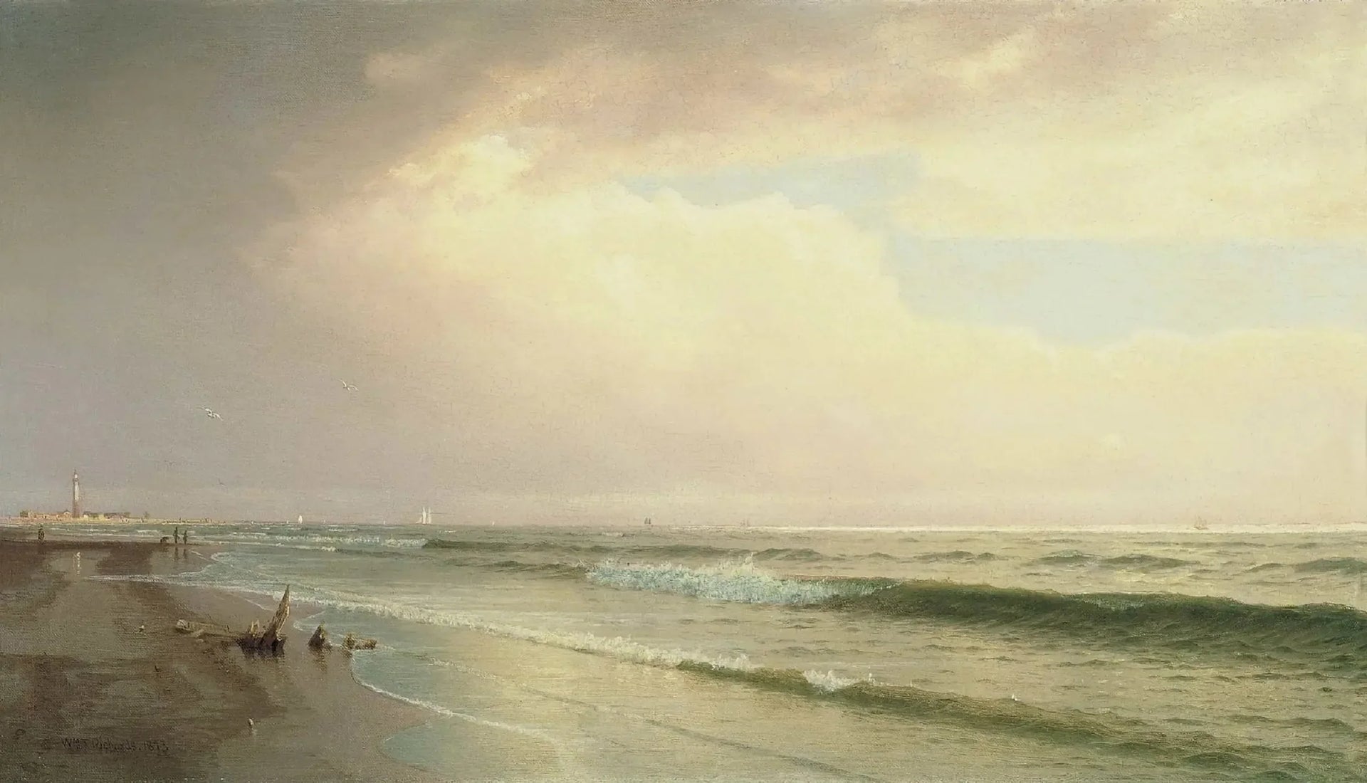 Paysage marin avec phare au loin, Atlantic City, New Jersey - William Trost Richards image 1 reproduction d’œuvre d’art à l’huile