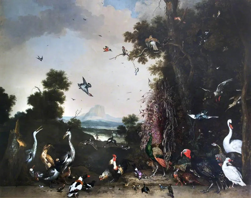 ทัศนียภาพเปิดโล่งพร้อมสัตว์ปีกและนกน้ำ - Melchior de Hondecoeter