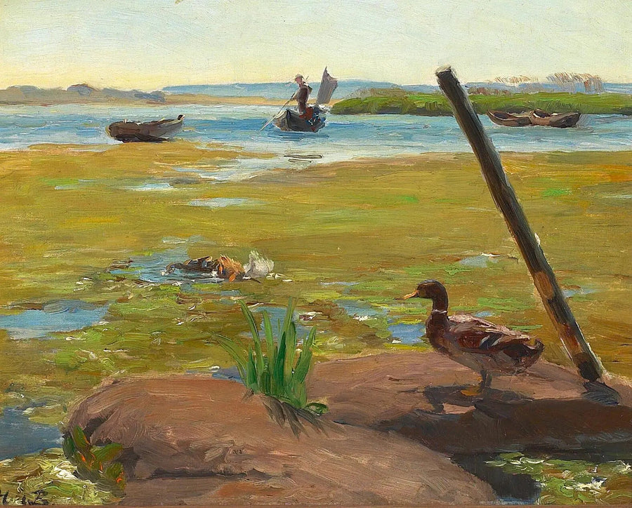 ทัศนียภาพใกล้ Jyllinge พร้อมเป็ด ด้านหลังเป็นชายคนหนึ่งกำลังพายเรือ - H. A. Brendekilde