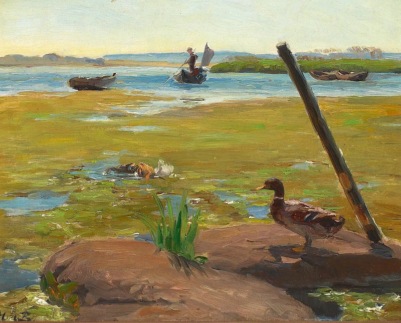 ทัศนียภาพใกล้ Jyllinge พร้อมเป็ด ด้านหลังเป็นชายคนหนึ่งกำลังพายเรือ - H. A. Brendekilde