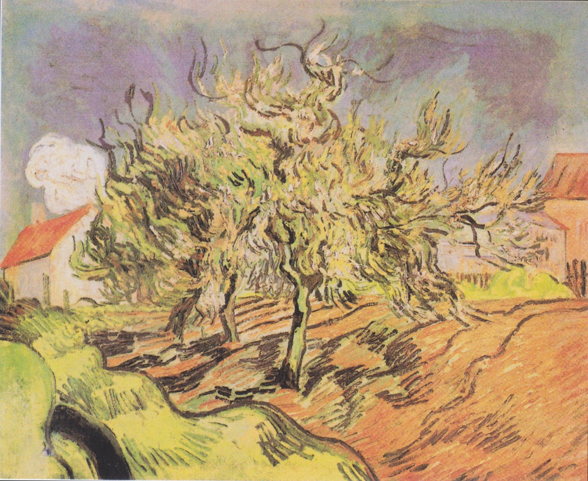 Paysage avec trois arbres et des maisons, Vincent van Gogh, Auvers-sur-Oise, 1890