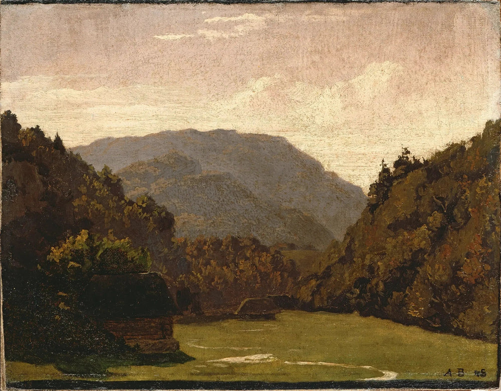 Paysage vallonné avec des cabanes en rondins et un ruisseau dans la plaine - Arnold Böcklin - Alpha Reproduction