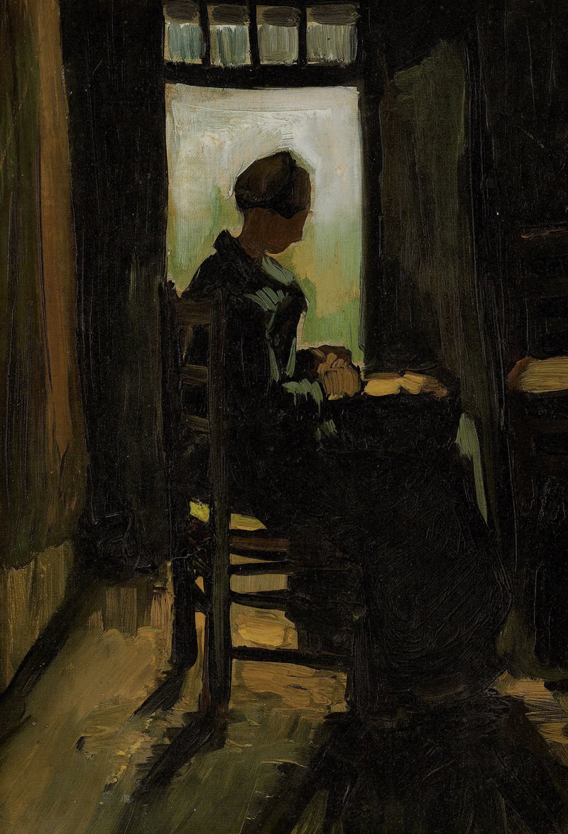 ชาวนาหญิงนั่งอยู่หน้าประตูที่เปิดอยู่ ปอกมันฝรั่ง - Vincent van Gogh