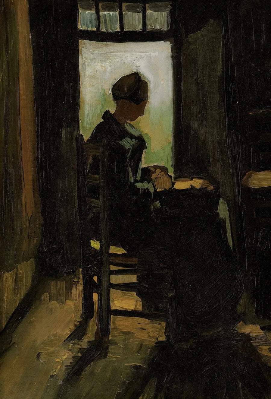 ชาวนาหญิงนั่งอยู่หน้าประตูที่เปิดอยู่ ปอกมันฝรั่ง - Vincent van Gogh