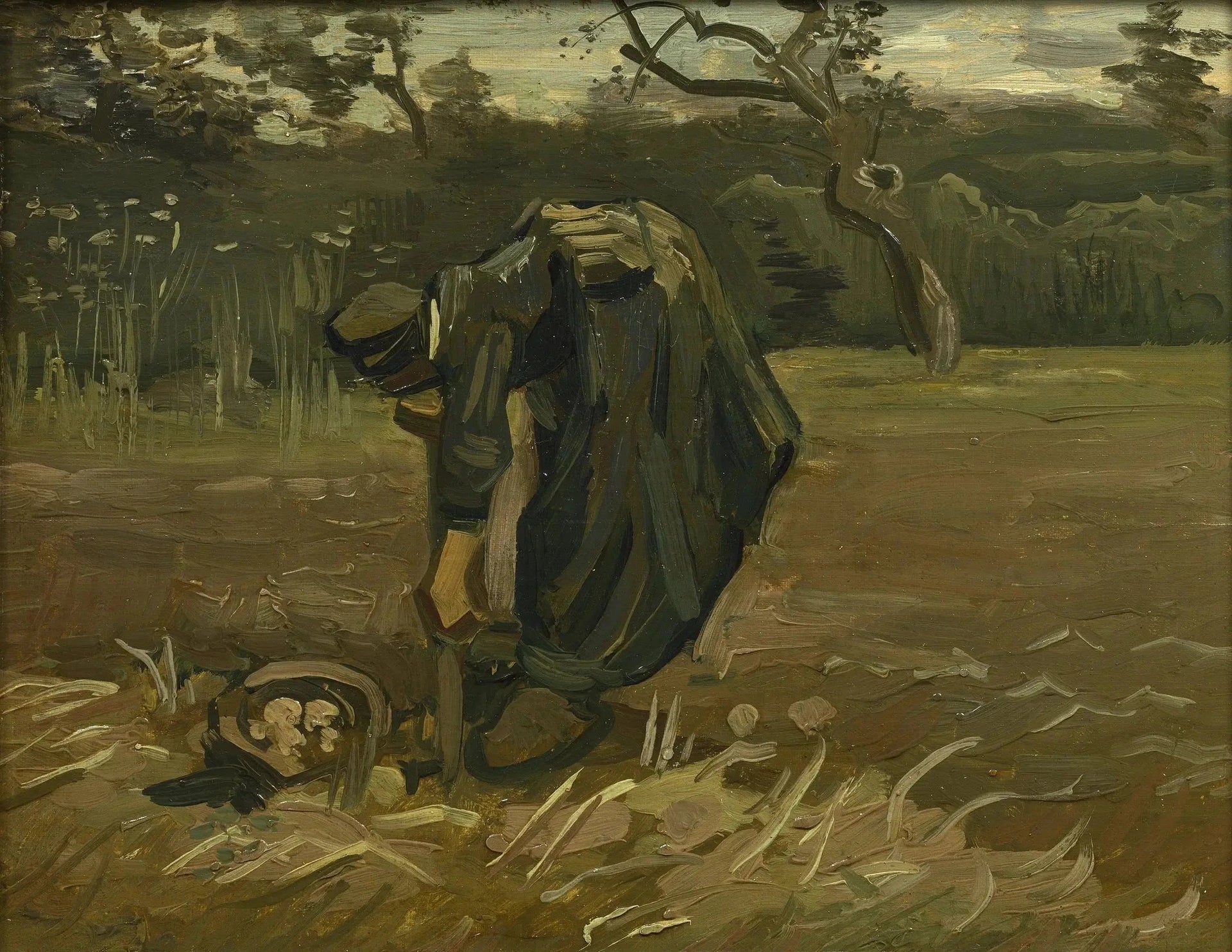 Paysanne déterrant des pommes de terre F98 — travailleuse courbée dans un champ peint par Vincent van Gogh