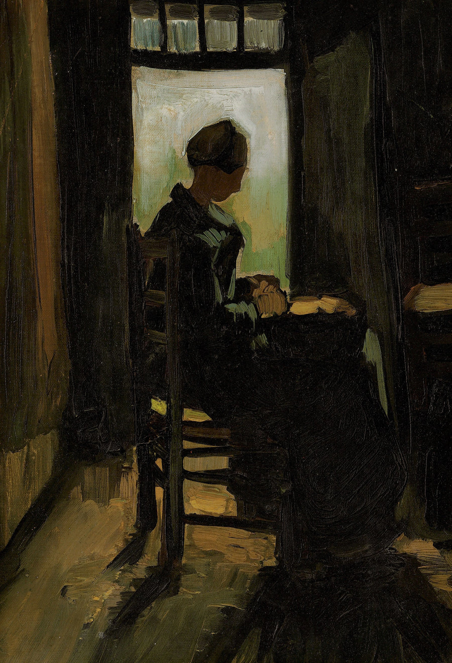 ชาวนาหญิงนั่งอยู่หน้าประตูที่เปิดอยู่ ปอกมันฝรั่ง - Vincent van Gogh