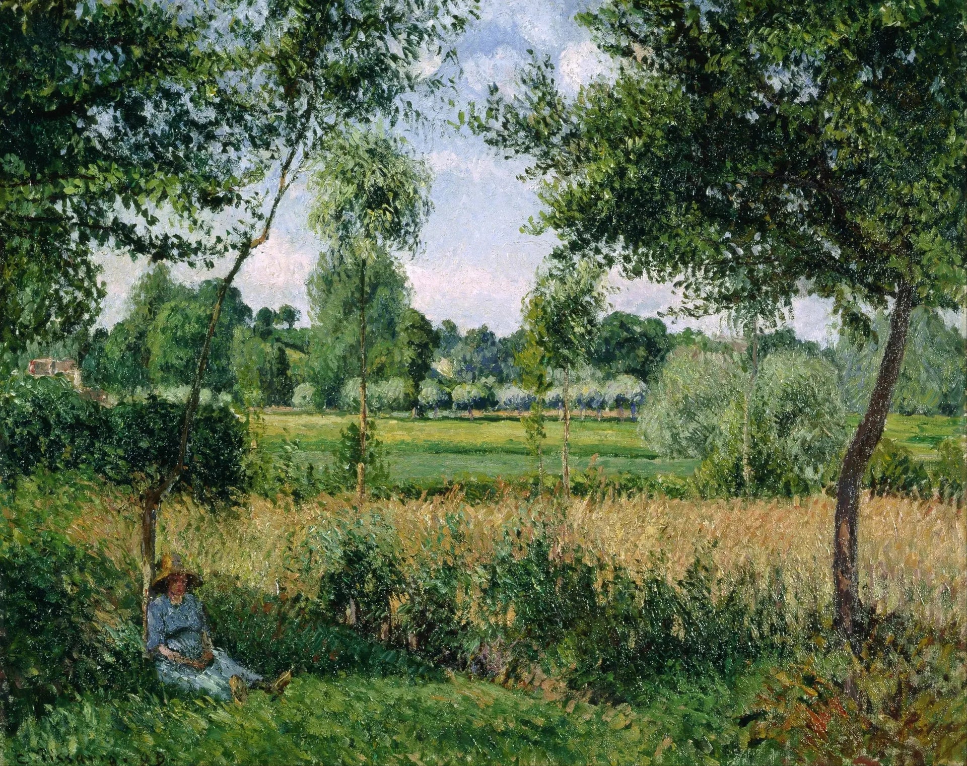 Paysanne se reposant au pied d'un arbre, effet de soleil, Éragny - Camille Pissarro image 1 copie peinte à la main à l’huile