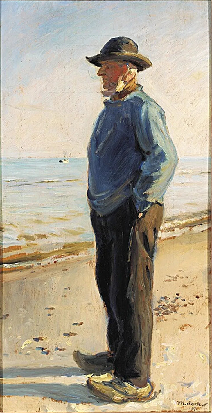 Pêcheur de Skagen debout sur la plage, vêtu d'un anorak bleu. - Michael Peter Ancher image 1 copie de tableau peinte à la main