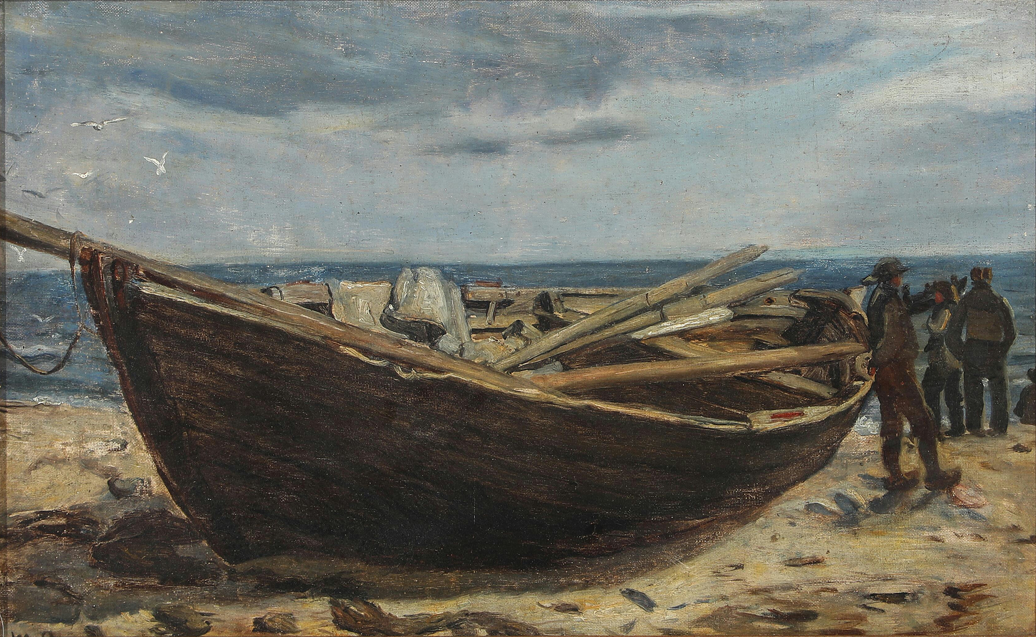 Pêcheurs et un bateau à la plage de Skagen. - Michael Peter Ancher image 1 reproduction de peinture à l’huile