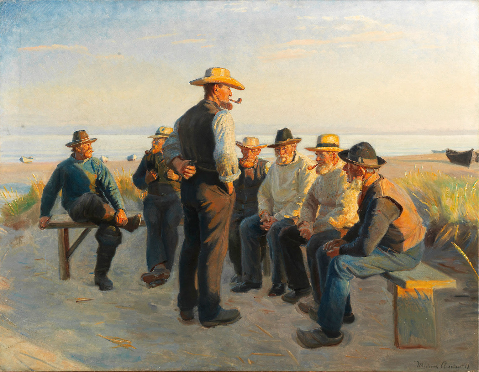 Pêcheurs se reposant sur Skagen Sydstrand un soir d'été. - Michael Peter Ancher image 1 reproduction de peinture à l’huile