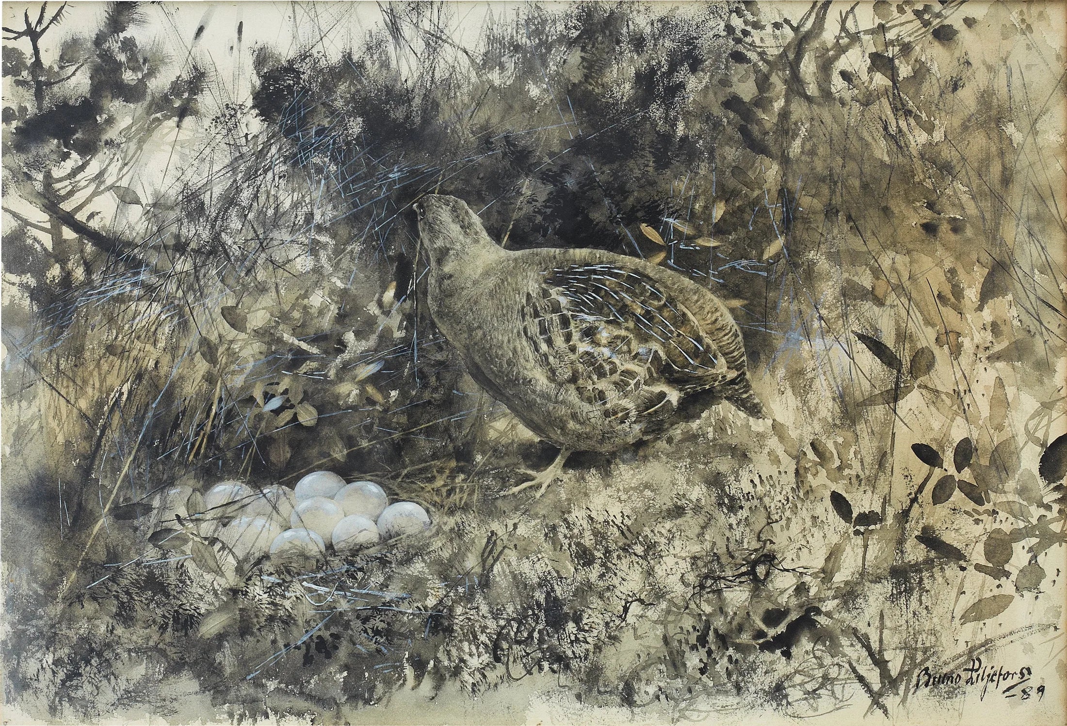 Perdrix grise au nid - Bruno Liljefors image 1 reproduction de peinture à l’huile