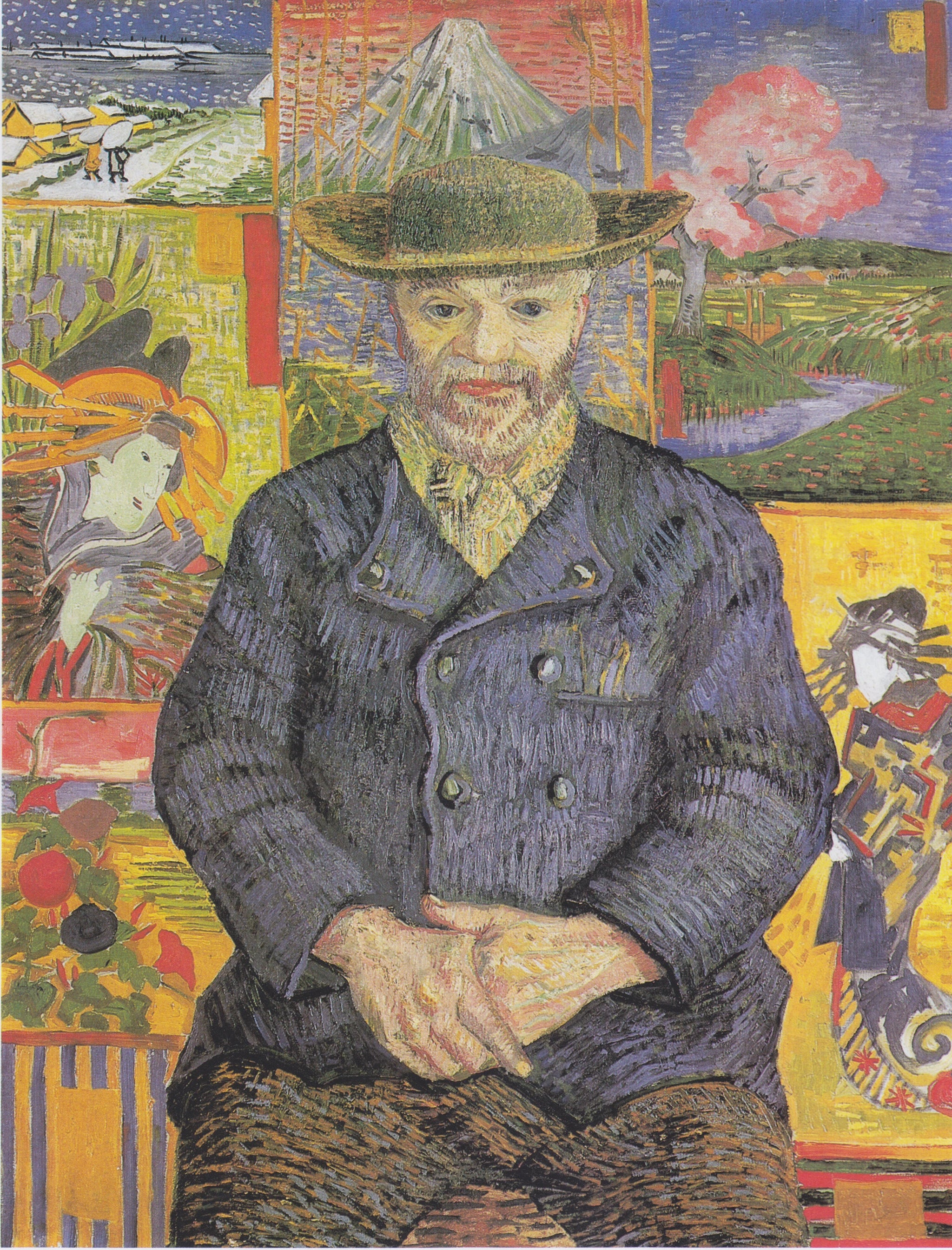 Le Père Tanguy, F363 — marchand de couleurs assis devant des estampes japonaises peint par Vincent van Gogh