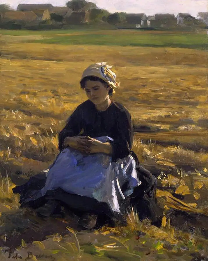 ผู้เก็บเกี่ยวเล็กน้อยนั่งอยู่ในทุ่ง - Jules Breton