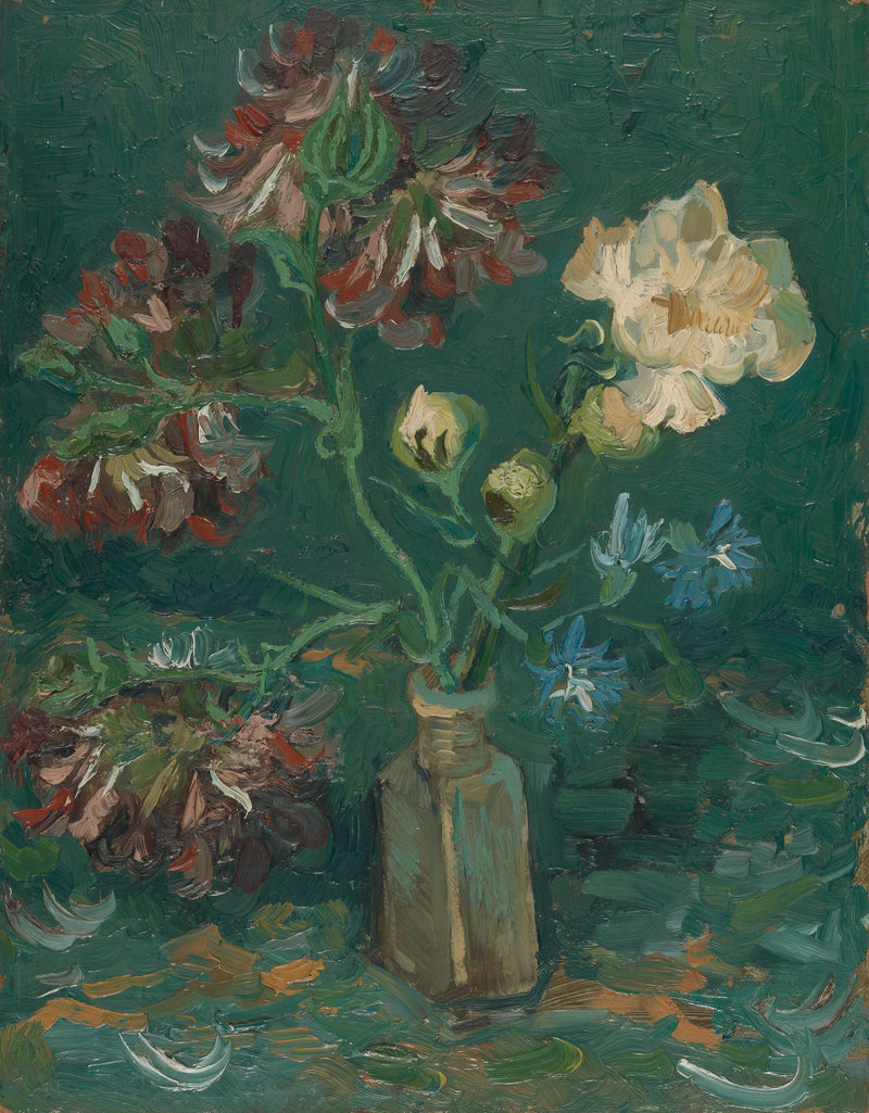ขวดเล็กพร้อมดอกโบตั๋นและดอกเดลฟิเนียมสีน้ำเงิน - Vincent van Gogh