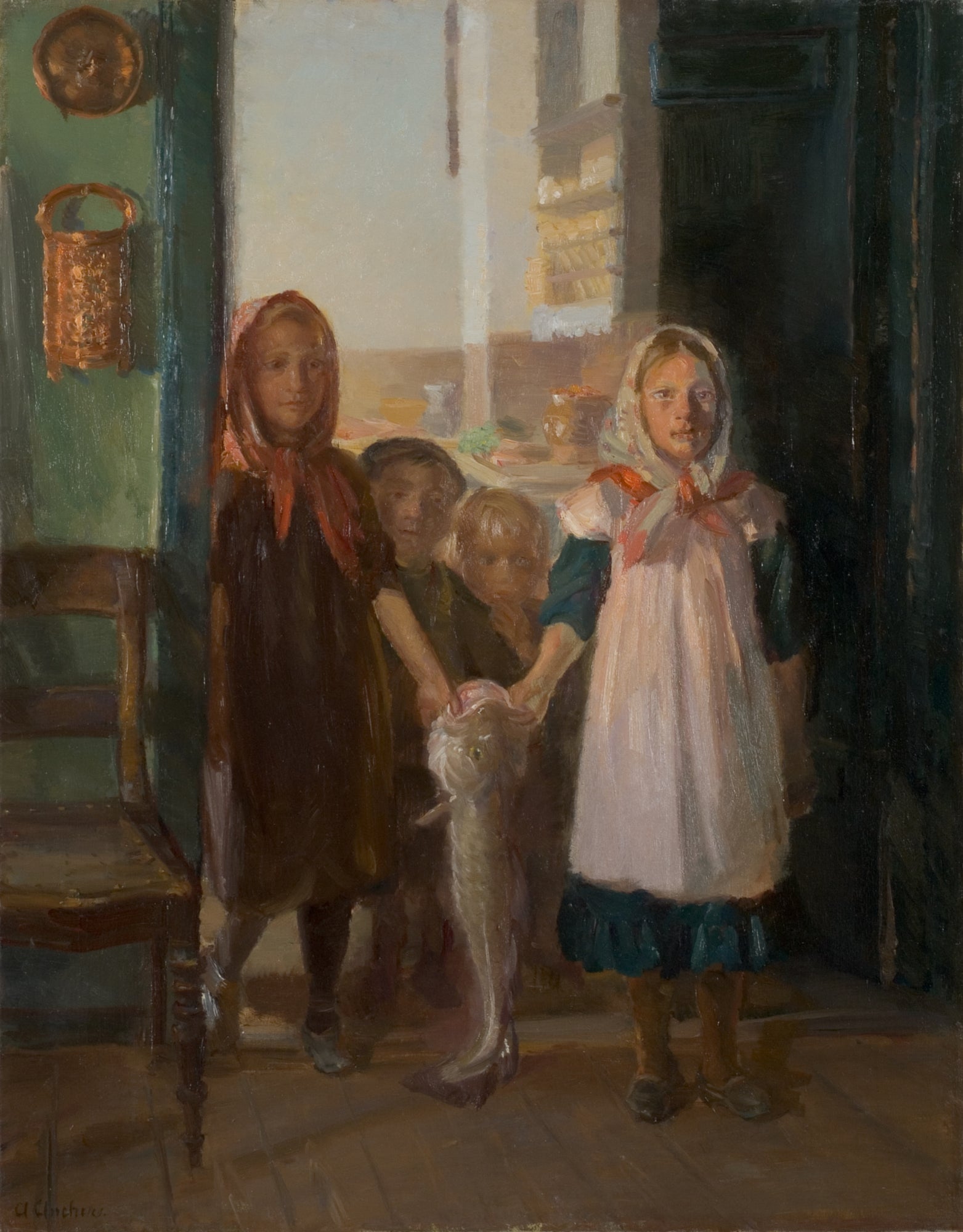 Petites filles avec une morue - Anna Ancher image 1 reproduction de peinture à l’huile