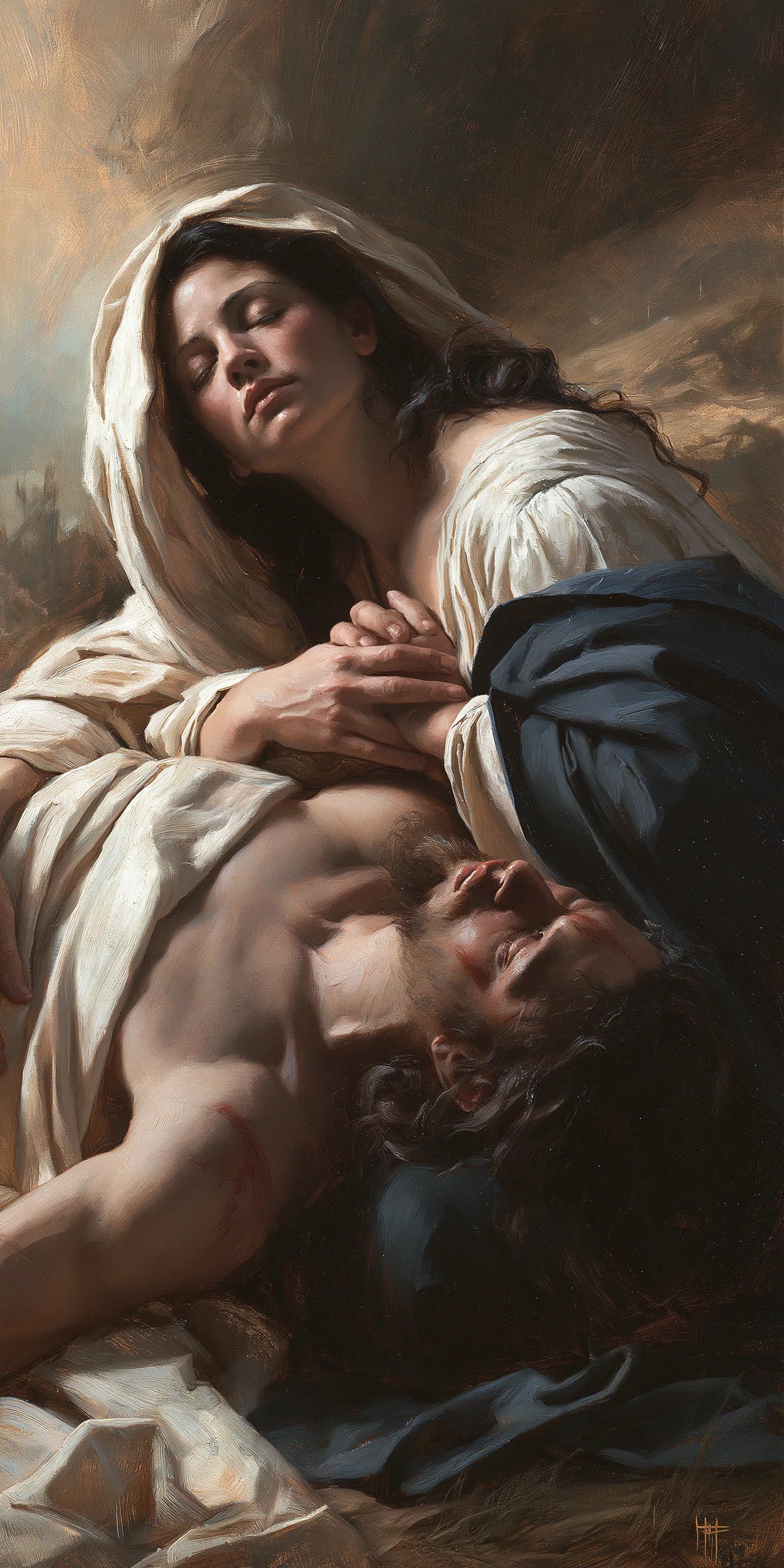 Pietà classique verticale en gris et bleu — Peinture à l’huile sur commande