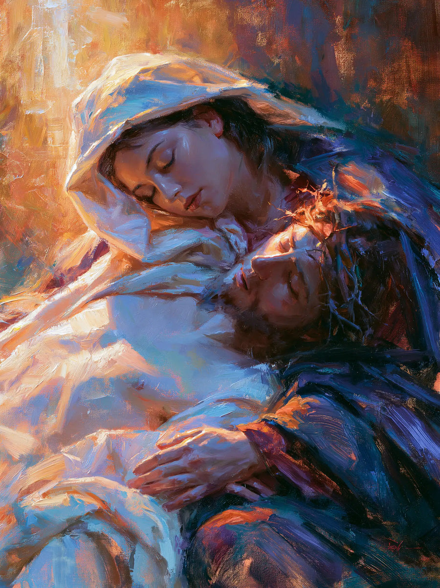 Pietà verticale expressionniste bleue et orange — Huile sur toile sur commande