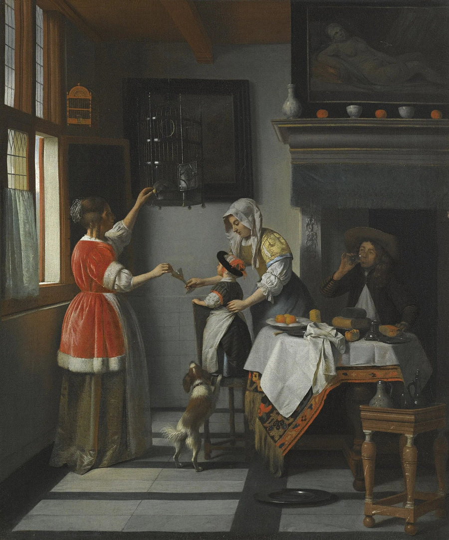 Un enfant nourrissant un perroquet, peinture de Pieter de Hooch