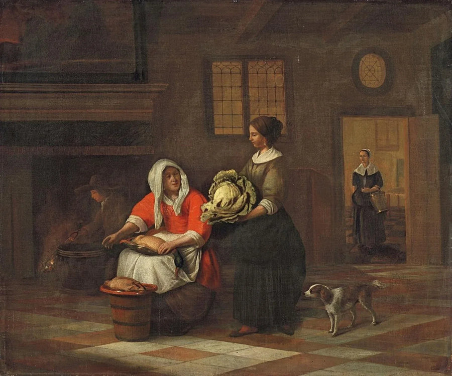 Une femme avec un canard et une femme avec un chou, peinture de Pieter de Hooch