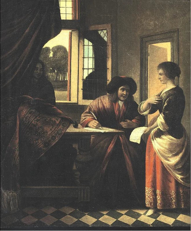 Une femme debout devant un homme assis à une table - Pieter de Hooch