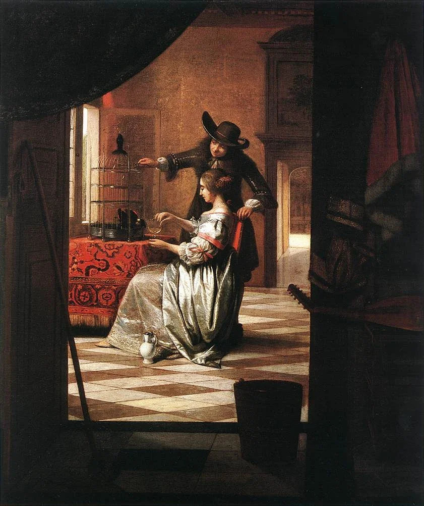 Couple avec perroquet, peinture de Pieter de Hooch