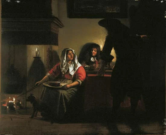 Intérieur avec deux hommes et une femme près d'un feu, peinture de Pieter de Hooch