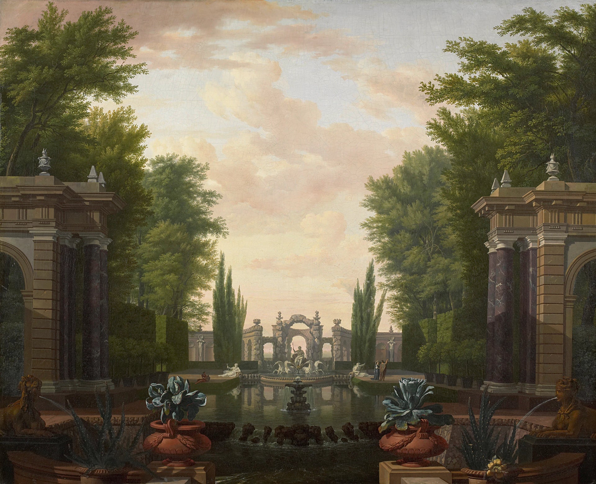 Plan d'eau avec statues et bâtiments dans un parc - Isaac de Moucheron