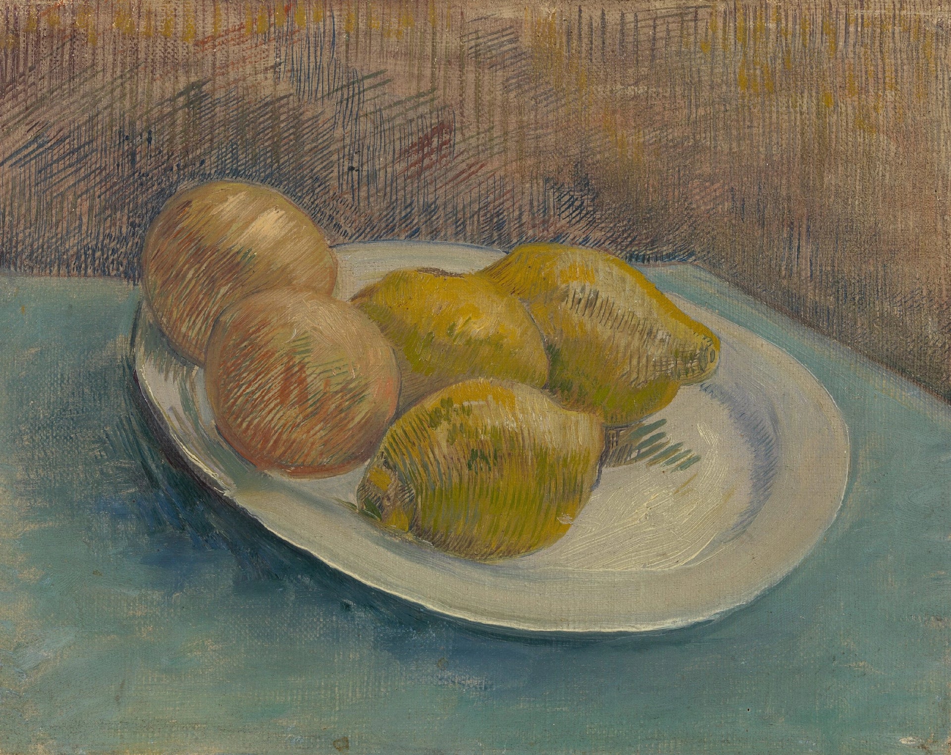 Plat aux agrumes F338 — citrons et oranges hachurés sur un plat blanc peint par Vincent van Gogh