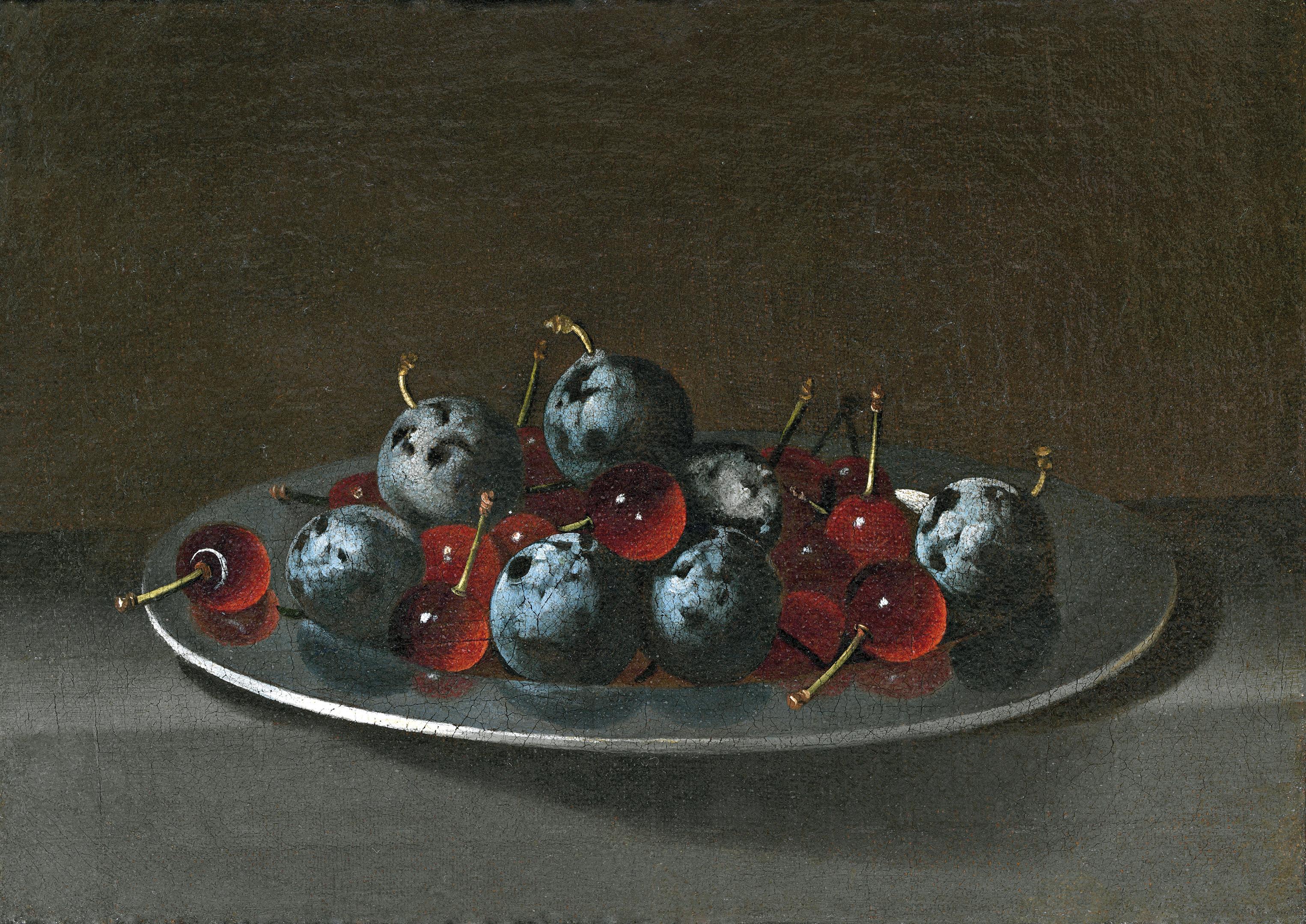 Plat avec pruneaux et cerises - Juan van der Hamen image 1 reproduction de peinture à l’huile