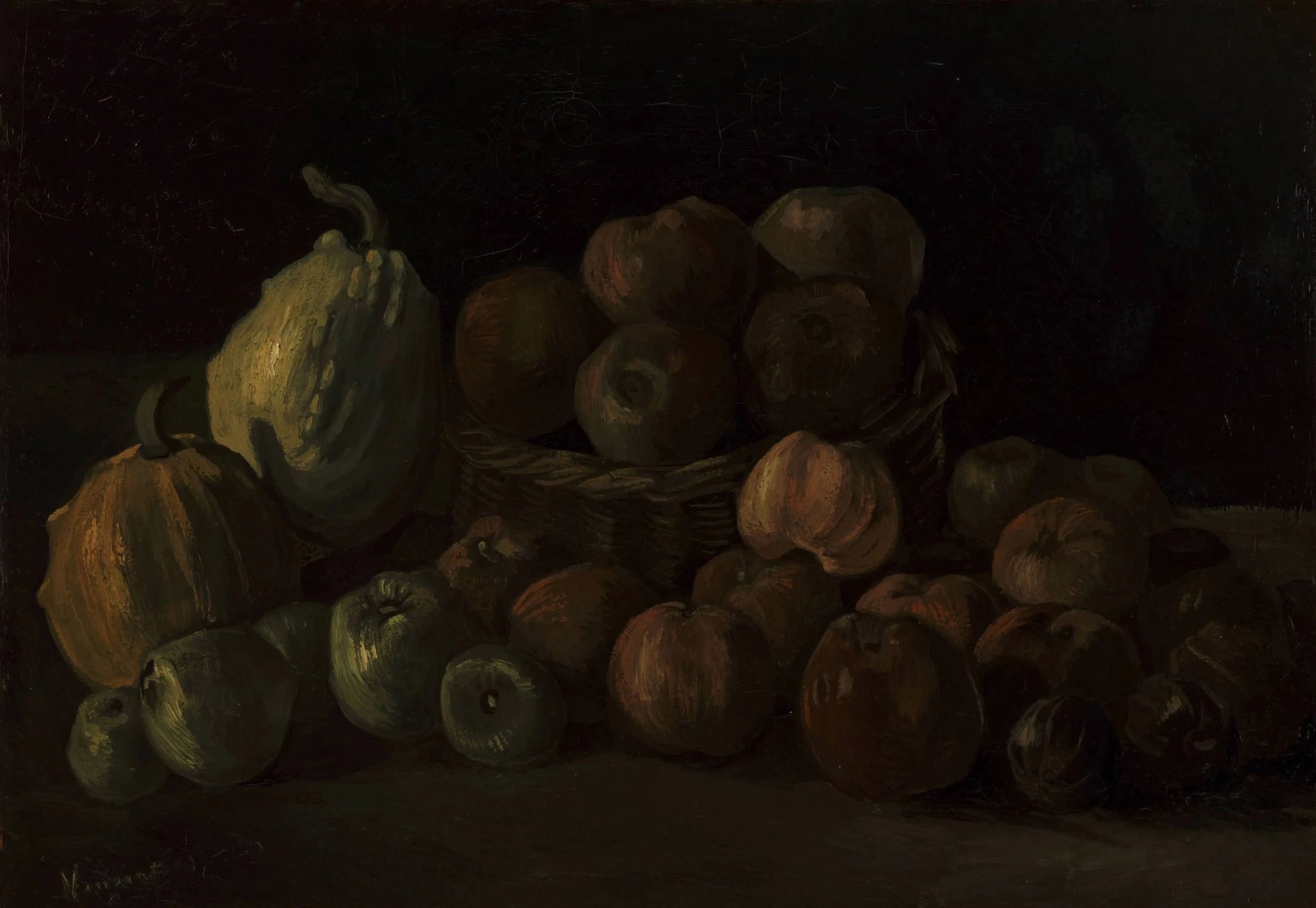 Nature morte aux pommes et citrouilles F106 — panier et fruits éclairés dans l’ombre par Vincent van Gogh