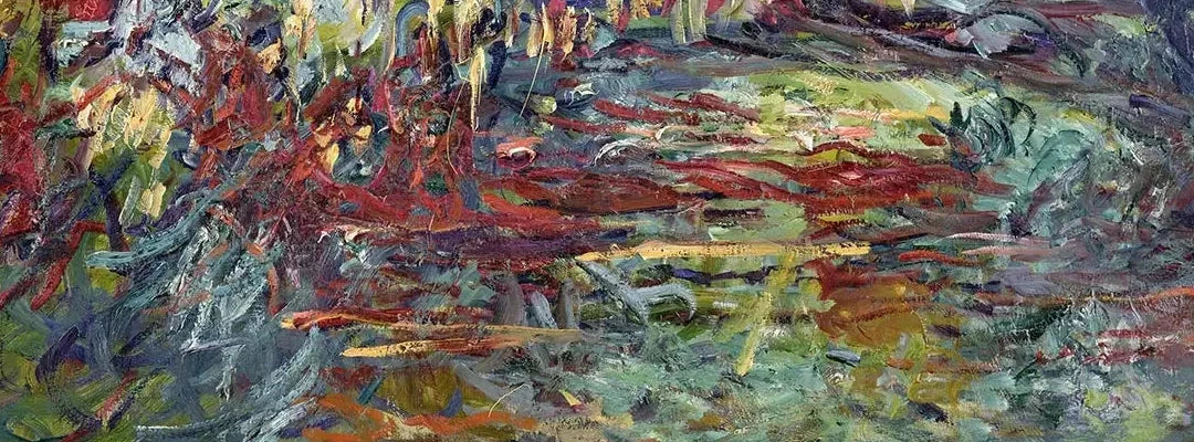 Détail des empâtements bleus, rouges et jaunes du bassin dans Le Pont japonais 5106