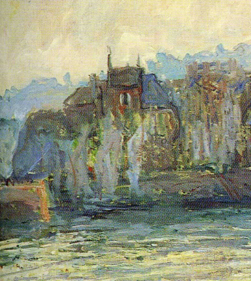 Détail des façades, du clocher et des voiles dans Le Port de Honfleur W1845