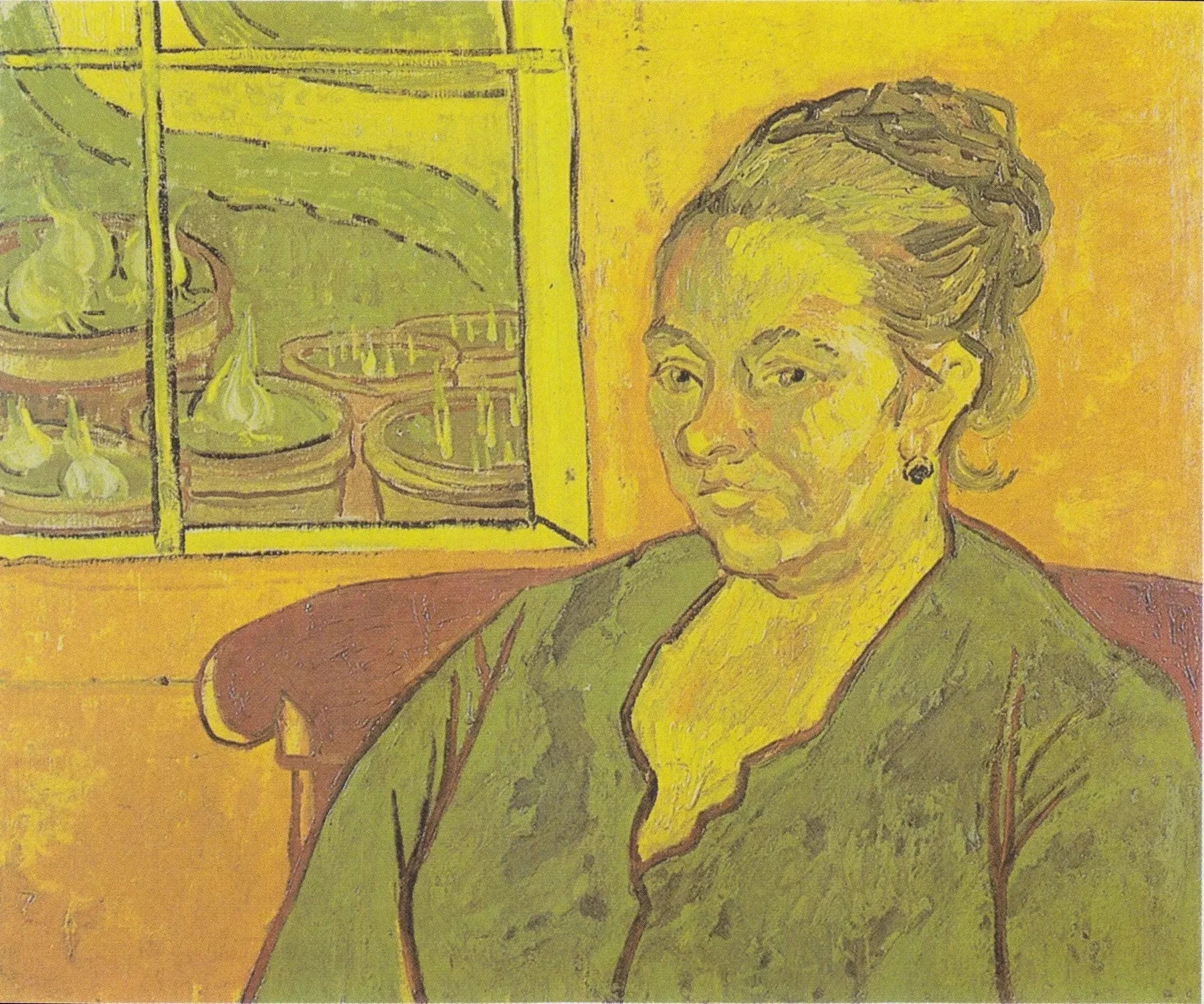 Portrait d’Augustine Roulin, F503 — Madame Roulin assise devant une étagère d’oignons peinte par Vincent van Gogh